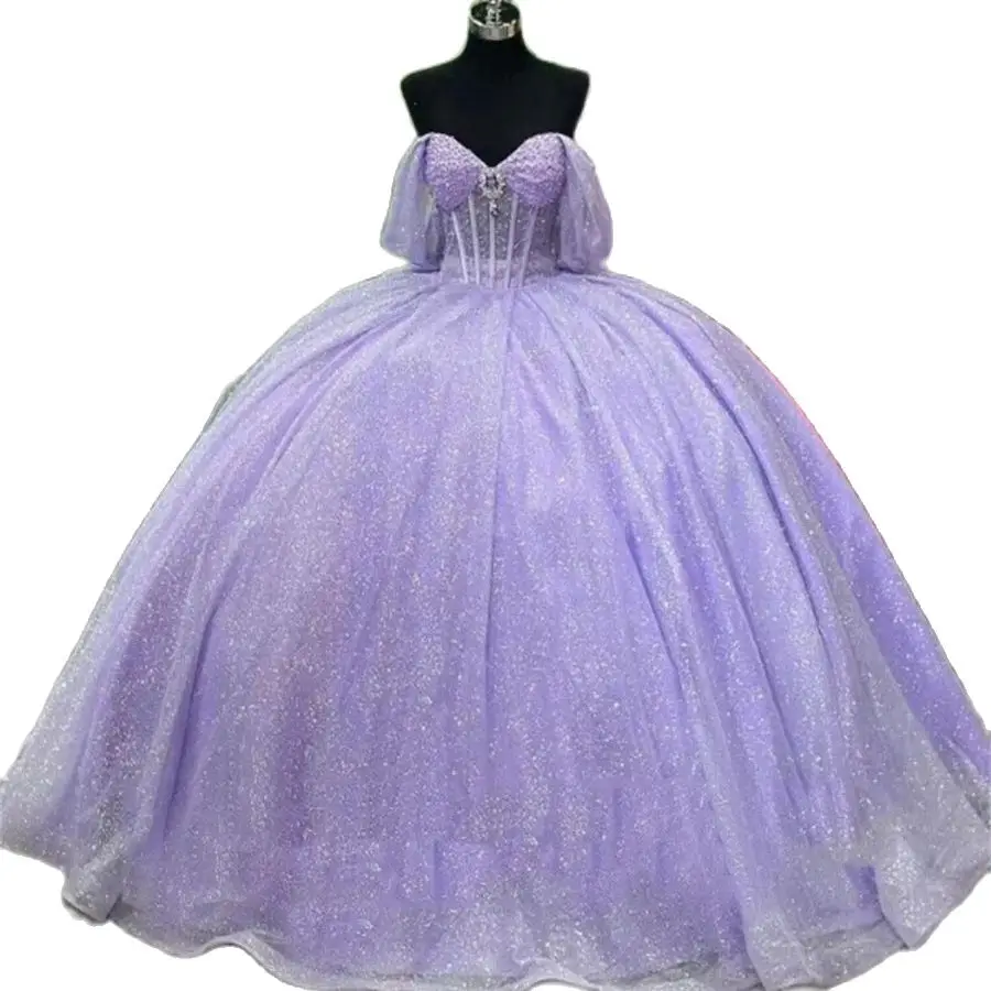 Customized Lilac Sequin Quinceanera Dresses Charro Off Shoulder Fluffy Vestio De 15 Xv Años Sixteen Birthday Dress Masquerade