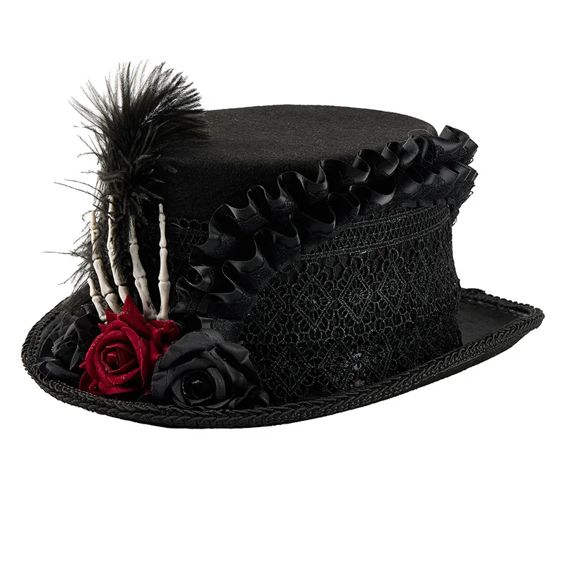 New Gothic Steampunk Top Hat Women Vintage Rose Feather Lace Top Hat Halloween Carnival Cosplay Costume Party Photo Props Unisex 2