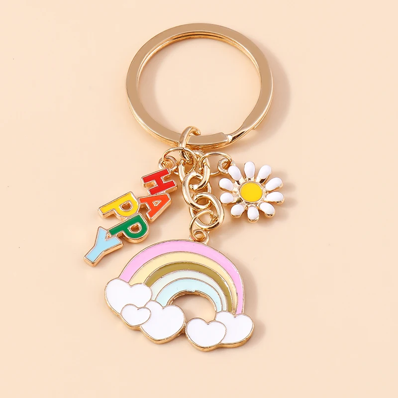 Amolette-Porte-clés arc-en-ciel en émail pour femmes et filles, porte-clés coeur d'amour, porte-clés de voiture, décor de sac à main, cadeaux de bijoux