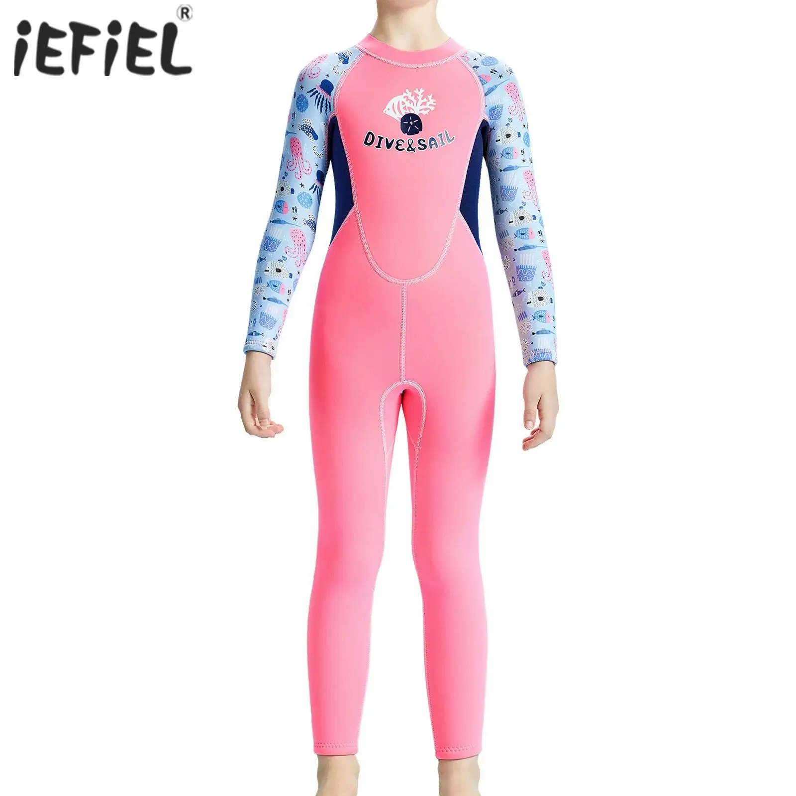 Kids Boys Girls Swim Jumpsuit 2.5mm Neoprene Wetsuit Rash Guard Swimsuit Crew Neck Long Sleeve Zipper Back Cute Printed Bodysuit