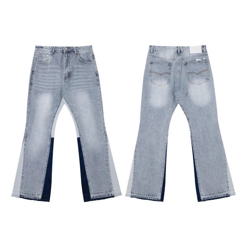 

Retro Waed Blue Micro Flare Patchwork Jeans Casual Men Women Long Pants Middle Waist Cotton Denim Non Deformable All Seasons
