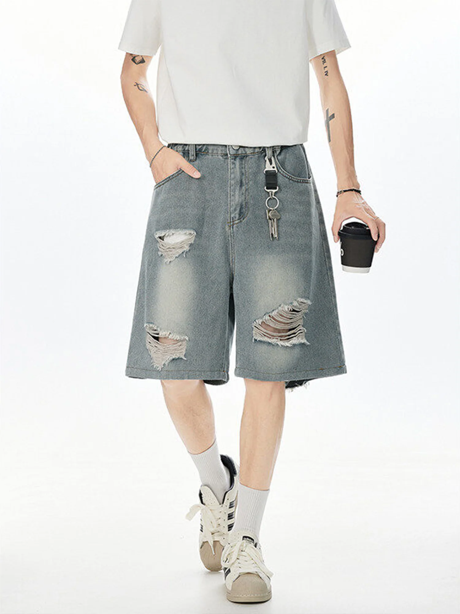 

Retro American Distred Men's Denim orts Casual Loose Fit Five-Ten Summer Thin Cotton Polyester Blend Straight Leg Jeans