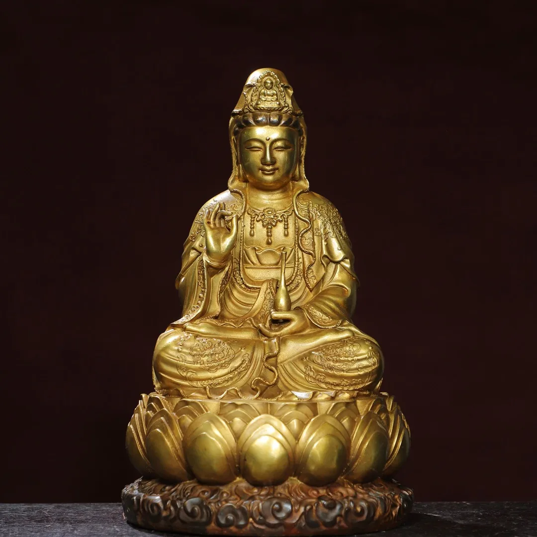 Home worship of religious Buddha statue with copper gilded statue of Guanyin Bodhisattva Size: Height 29cm, Width 18cm, Thicknes