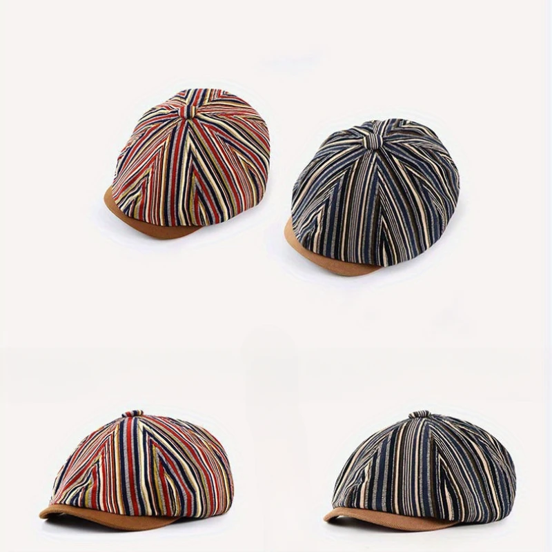 

Cotton Striped Octagonal Hat Newsboy Cap for Women Men Soft Fashion Four Seasons Hats Bone Boinas Gatsby Caps Street Beret Hat