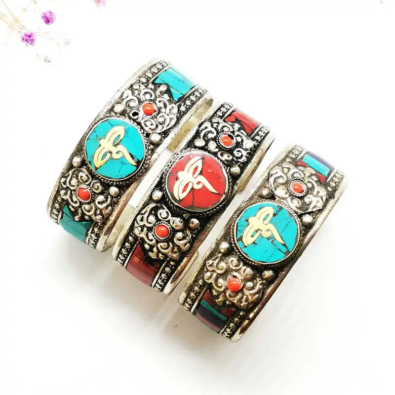 Tibetan Jewelry Buddha Eye Amulet Bangles Copper Inlaid Stone Multi Colors Vintage Dancing Open Cuff for Man BB-010