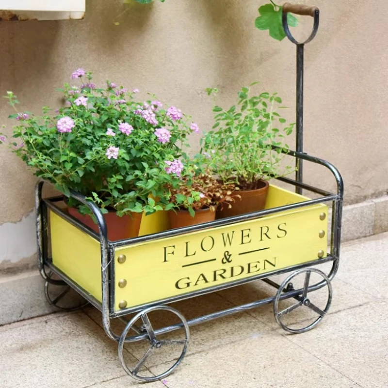 Outdoor Iron Flower Stand Trolley Garden Balcony Decorative Planter Cart Creative Succulent Pot Display Rack Rustic Patio Cart image 6