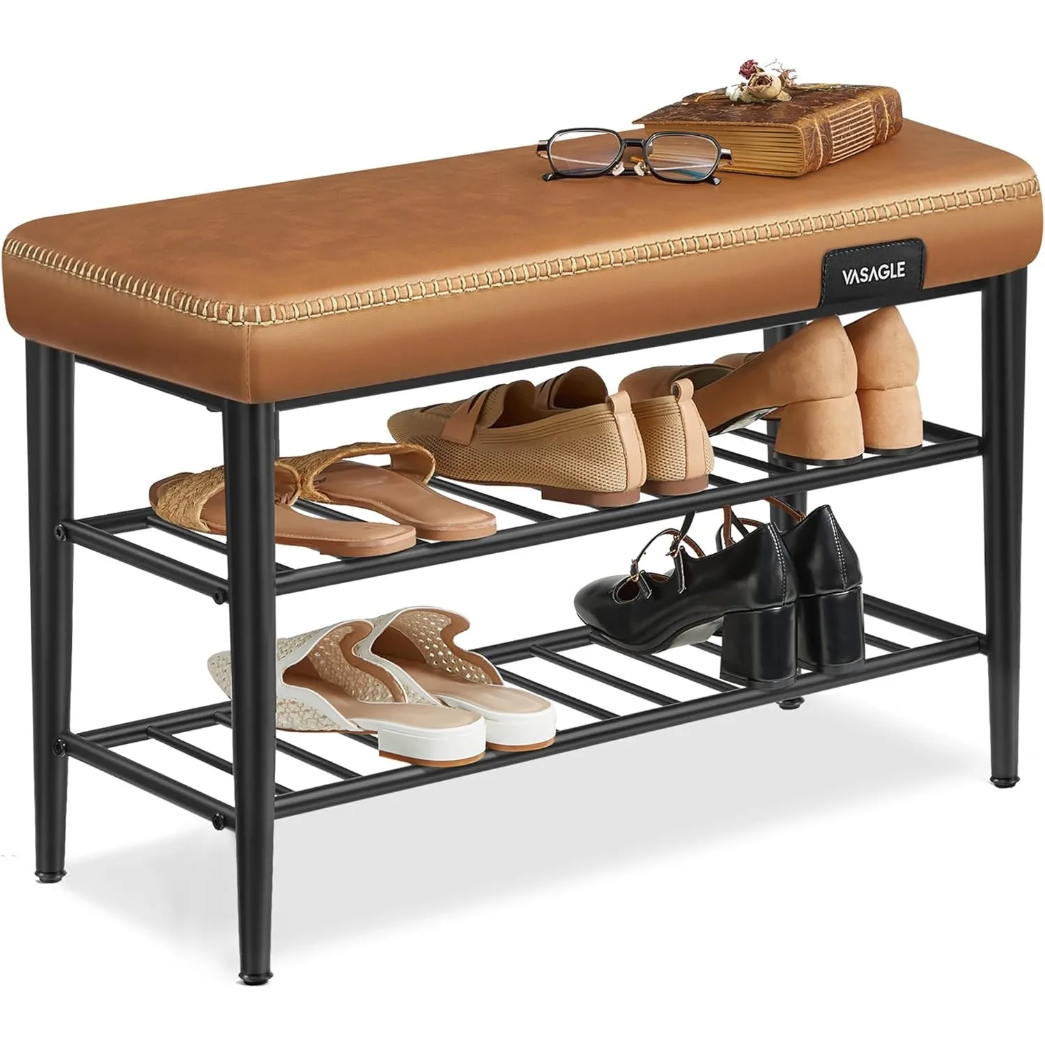 

Shoe Rack Bench, Synthetic Leather with Stitching, Mid-Century Modern, Loads 300 lb, 11.8 x 31.5 x 19.7 Inches, Caramel Brown