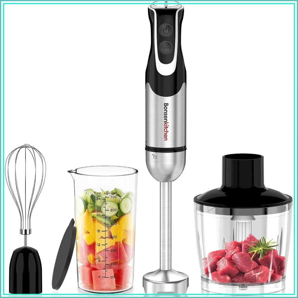 4-in-1 Immersion Blender Handheld with Food Processor, 12 Speeds, Turbo Mode, Stainless Steel Blade, Egg Whisk, Beaker & Chopper Bowl, Stick Mixer for Smoothie, Puree