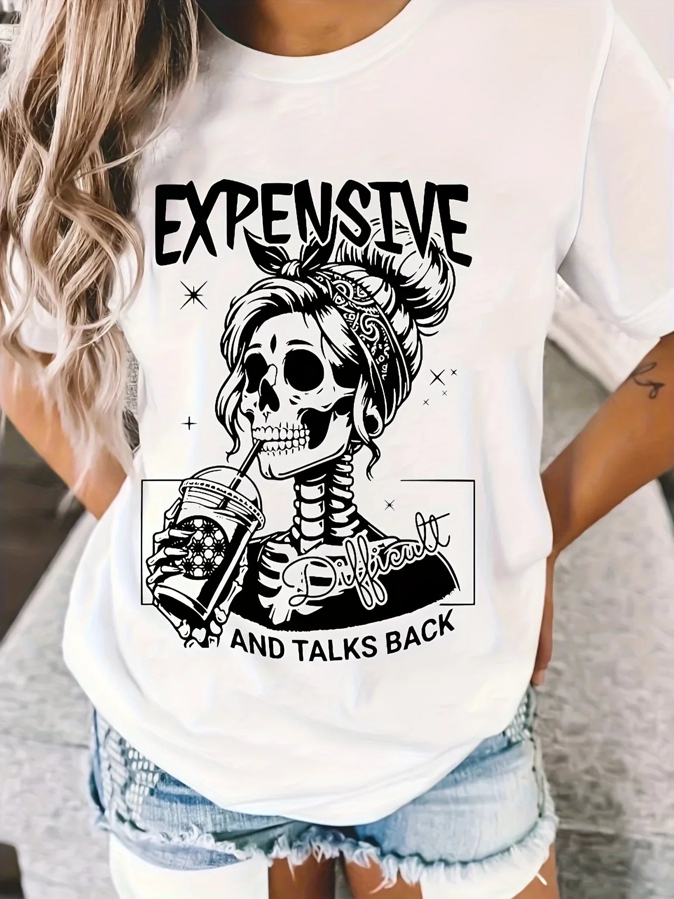 Vintage Y2k 100% Cotton Women's Graphic Skeleton Skull Halloween T-Shirt Tee 90s Gothic Shirt Comfortable Loose T Shirt Top