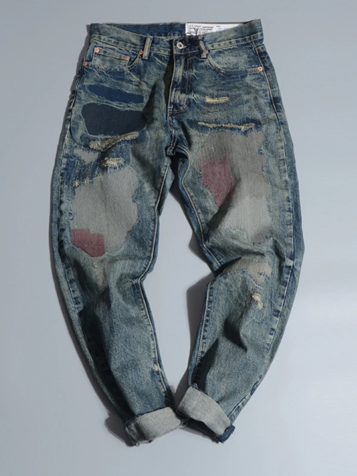 

Retro American Waed Patchwork Slim Fit Men's Jeans Spring Autumn Trendy Loose Long Straight Tube Jeans Youth Sle