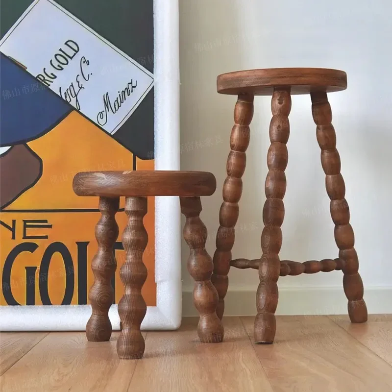 Medieval small stool solid wood French retro woodchunky roundstool semi-round stoolhousehold shoe changing stoolflower pot s