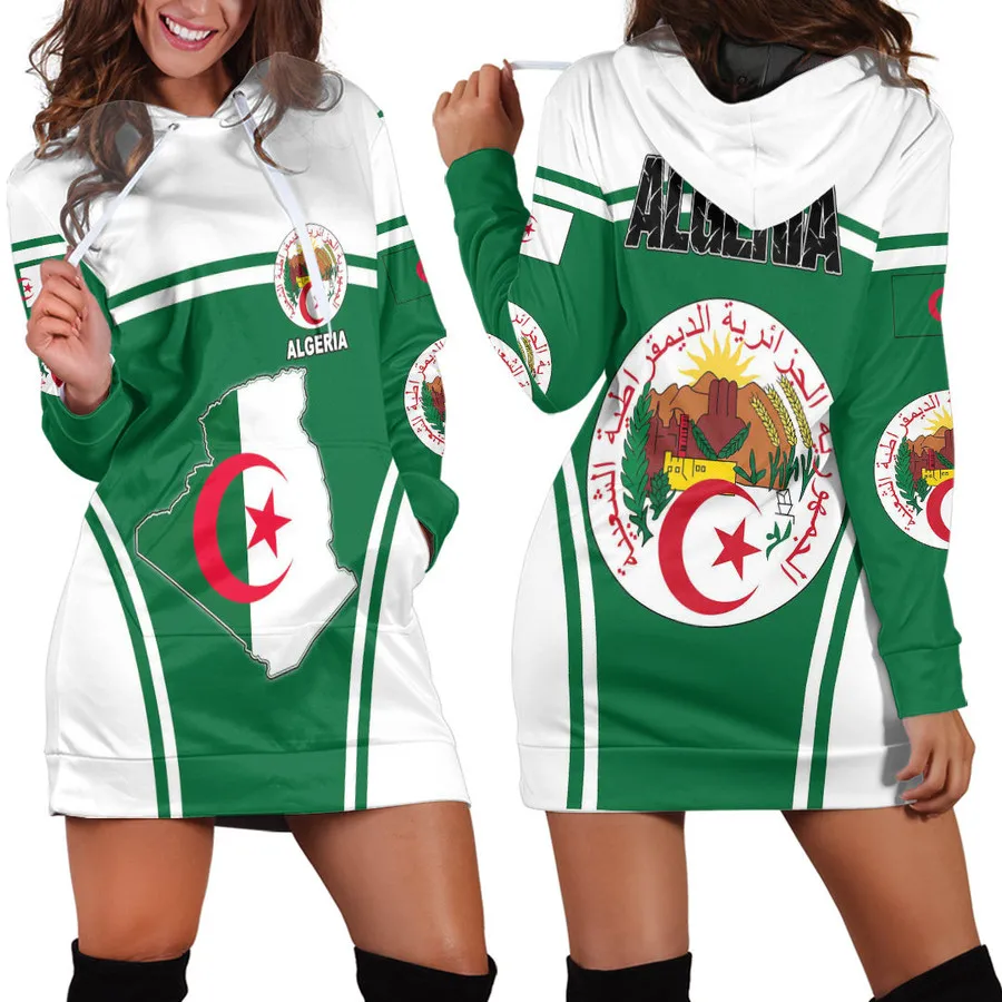 Algeria Flag Hoodie Dress African Native Tribal Vintage 3D Print Harajuku Sexy Women's Crew Neck Hoodie Dress