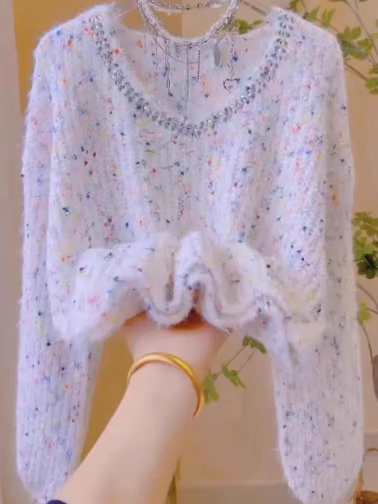 Korean Sle Soft Long Sve Women's Sweater  Polka Dot Splicing Autumn Winter New Lazy Faion Personali Top