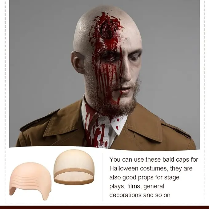2 Pieces Latex Bald Cap with Nylon Wig Caps Set Makeup Bald Head Wig Cap Halloween Cosplay Costume for Adults view 5