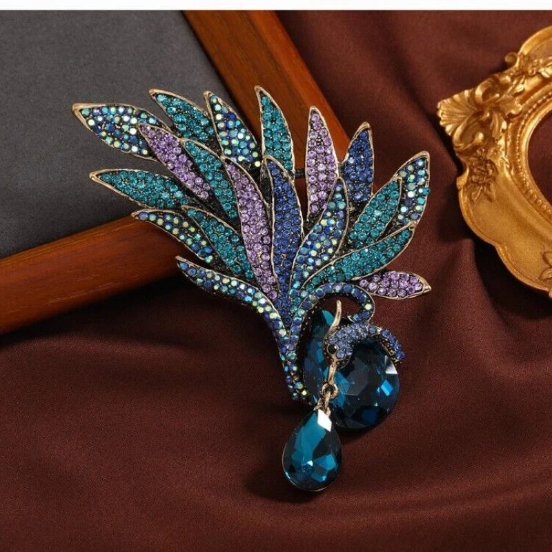 Blue Crystal Peacock Phoenix Bird Woman Brooch Pin Jewellery Party Corsage