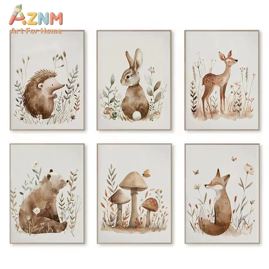AZNM Boho Watercolor Forest Woodland Animals Mushroom Botanical Nordic Poster Canvas Painting Wall Art Pictures Home Decor