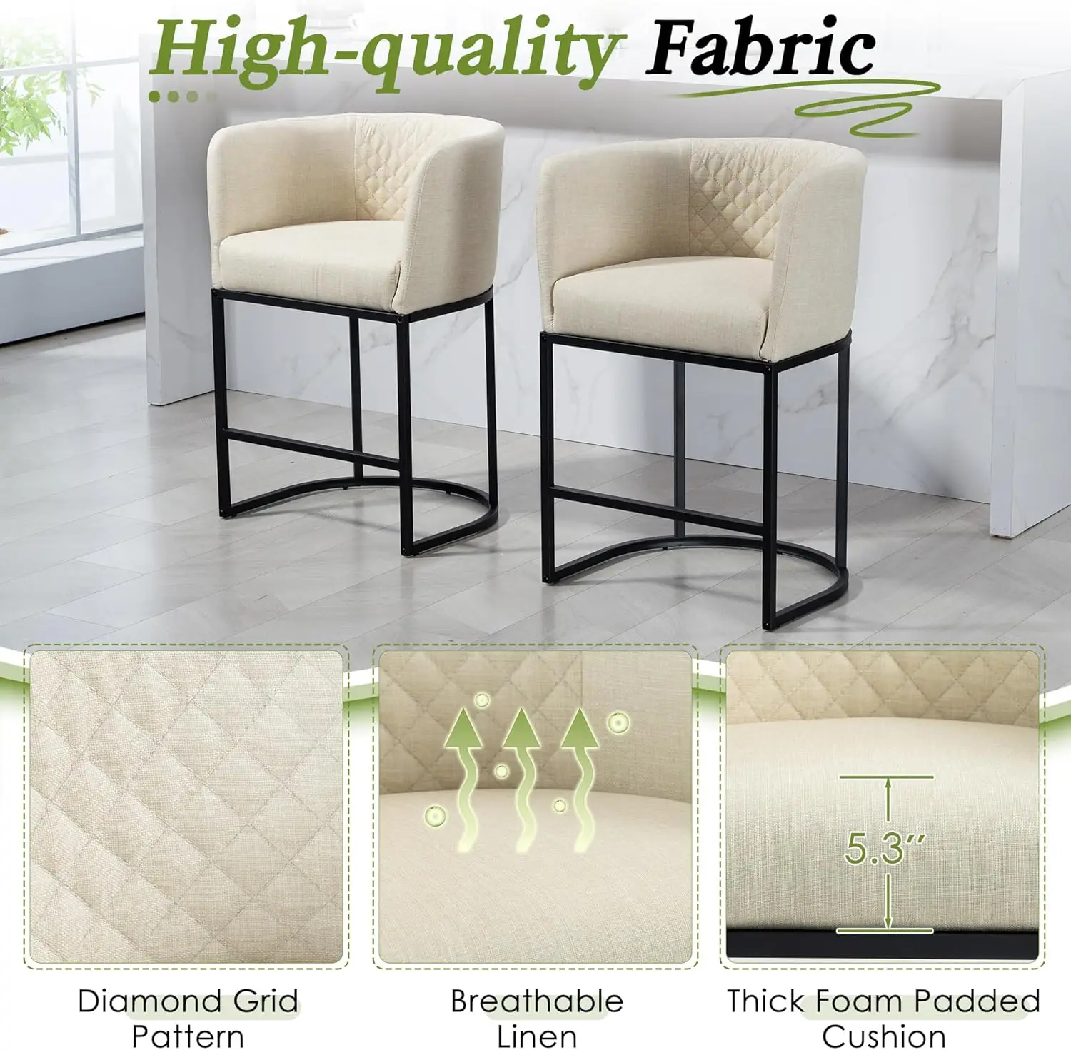 Ecotouge 26"" Modern Bar Stools Set Of 3, Barrel Counter Stools With Curved Back & Arms, Linen Fabric Upholstered Island Stools