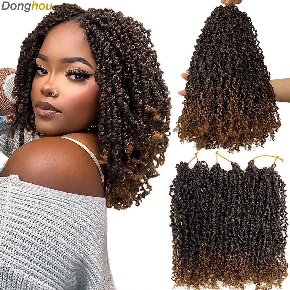 Ombre Brown Yanky Twist Crochet Hair 12” Natural Black Fluffy Synthetic Spring Mini Twist Short Bob Passion Twist Crochet Hair