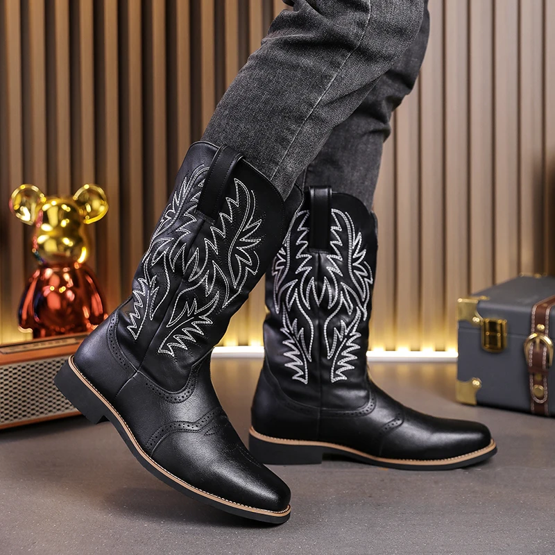 Luxury Cowboy Boots for Men Vintage Knight Shoes Leather Embroidery Mid Heel Motorcycle Boots 2024New Casual West Boot Botas