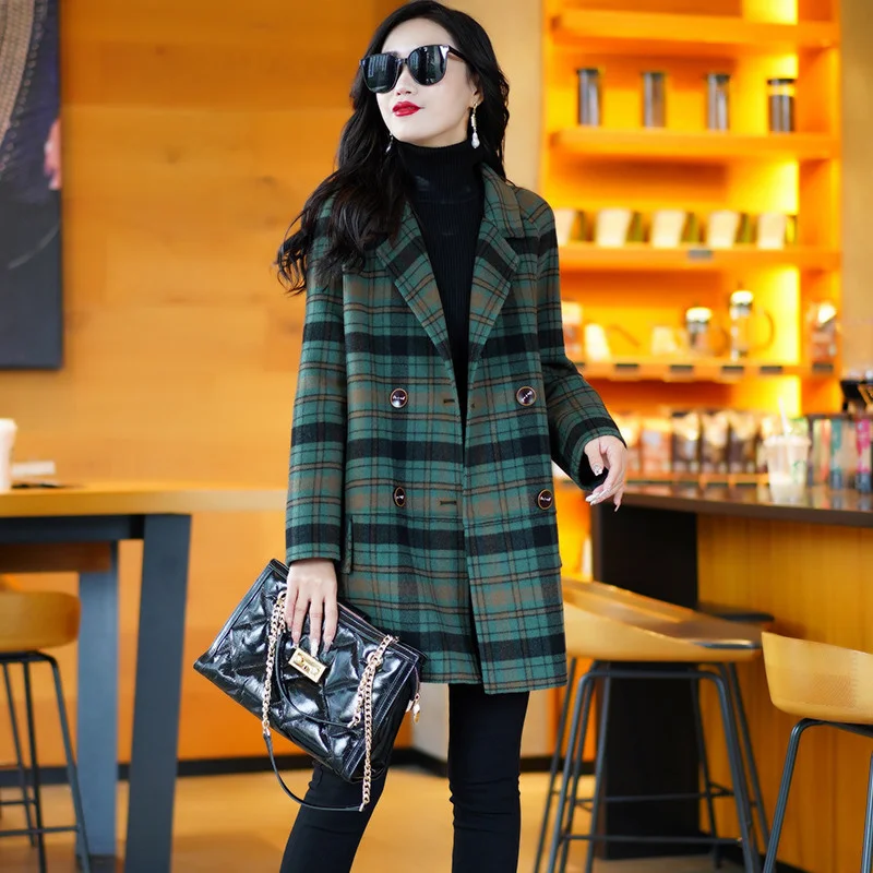 Green Plaid Woolen Coat For Women New Spring Autumn Double-Breasted Jacket High-End Woolen Blended Outerwear Female Tops