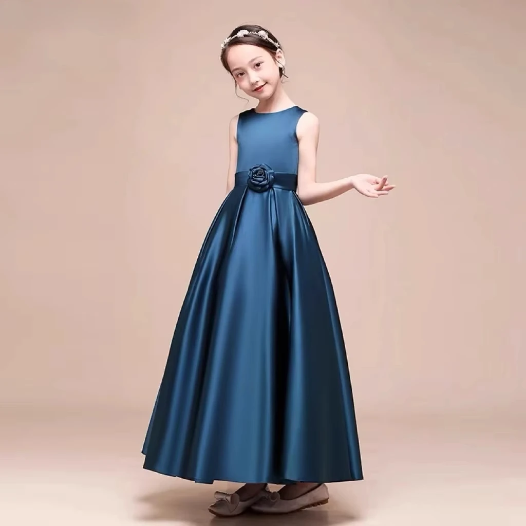 Girl Long Elegant Party Princess Flower Girl Catwalk Show Clothes Costumes Dress with Floral Decoration Puffy Skirt for Birthday