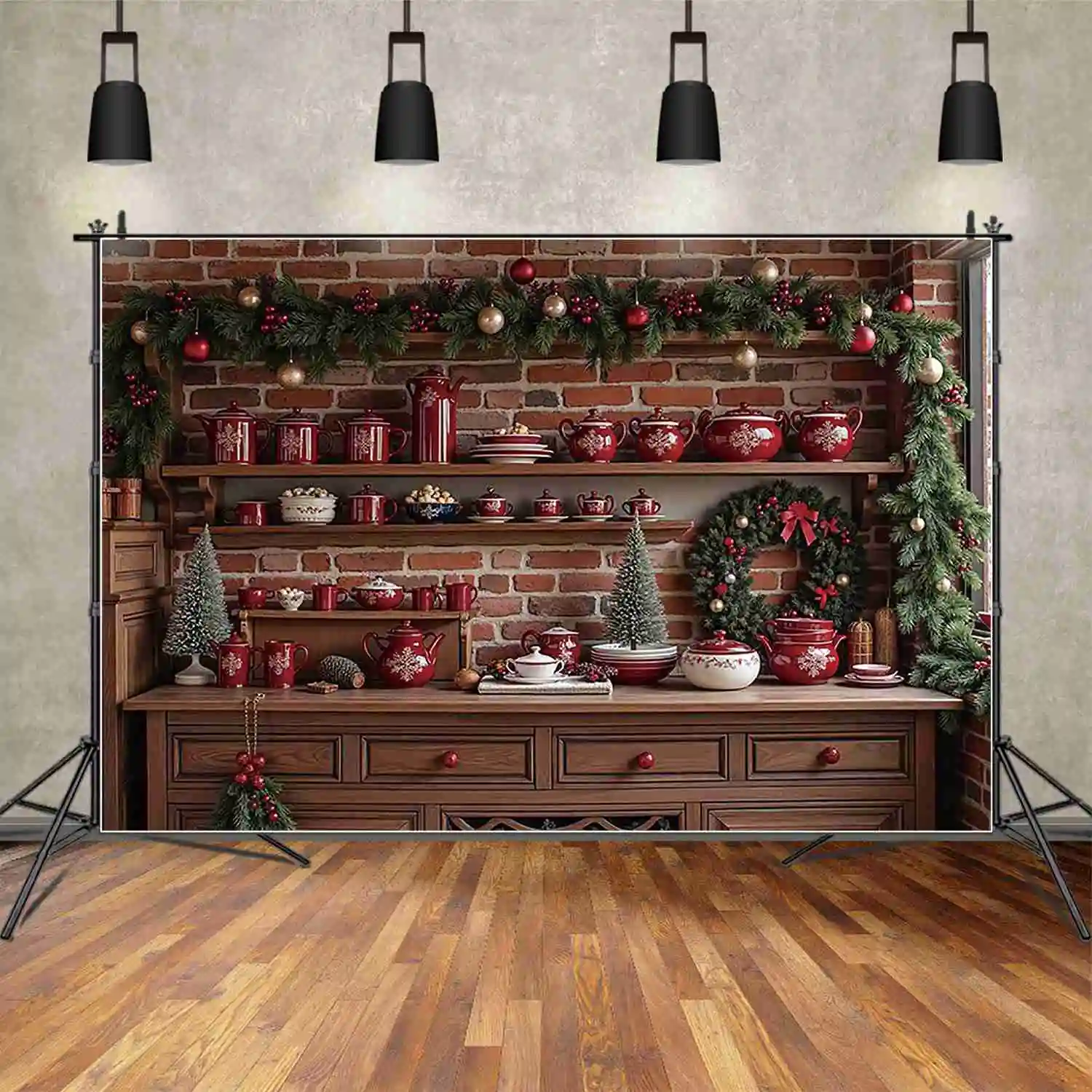 MOON.QG Christmas Kitchen Cabinet Backgrounds Pine Ball Red Tea Pot Photocall Backdrops Child Photography Photo Studio Supplier