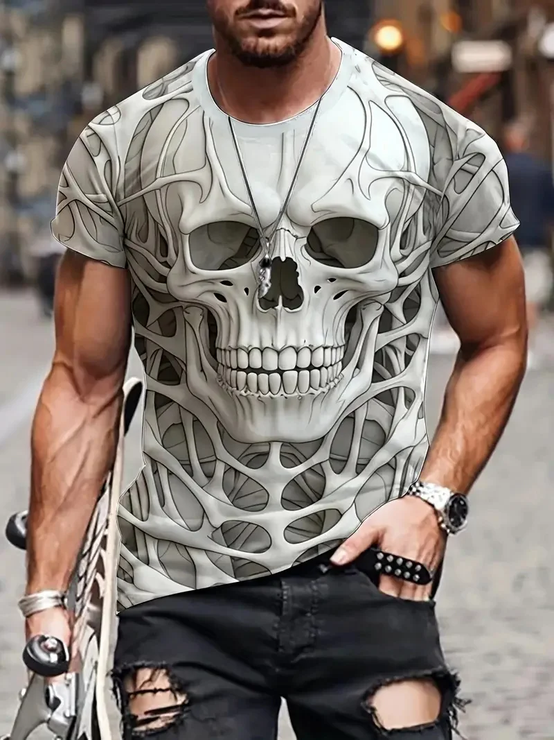 Fashion 3D Skull Print T Shirt For Men Street Punk Harajuku Oversized T-shirts Summer Breathable Short Sleeve Casual O-neck Tops