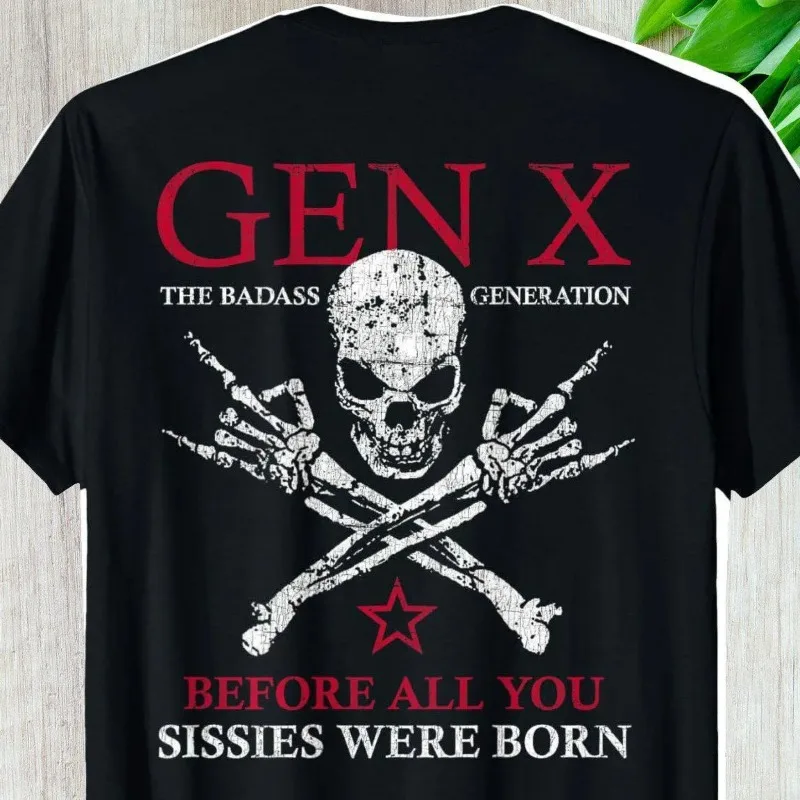 Gen X Skull Graphic T Shirt Men Vintage Punk Rock Style Retro Print Casual Streetwear Tee