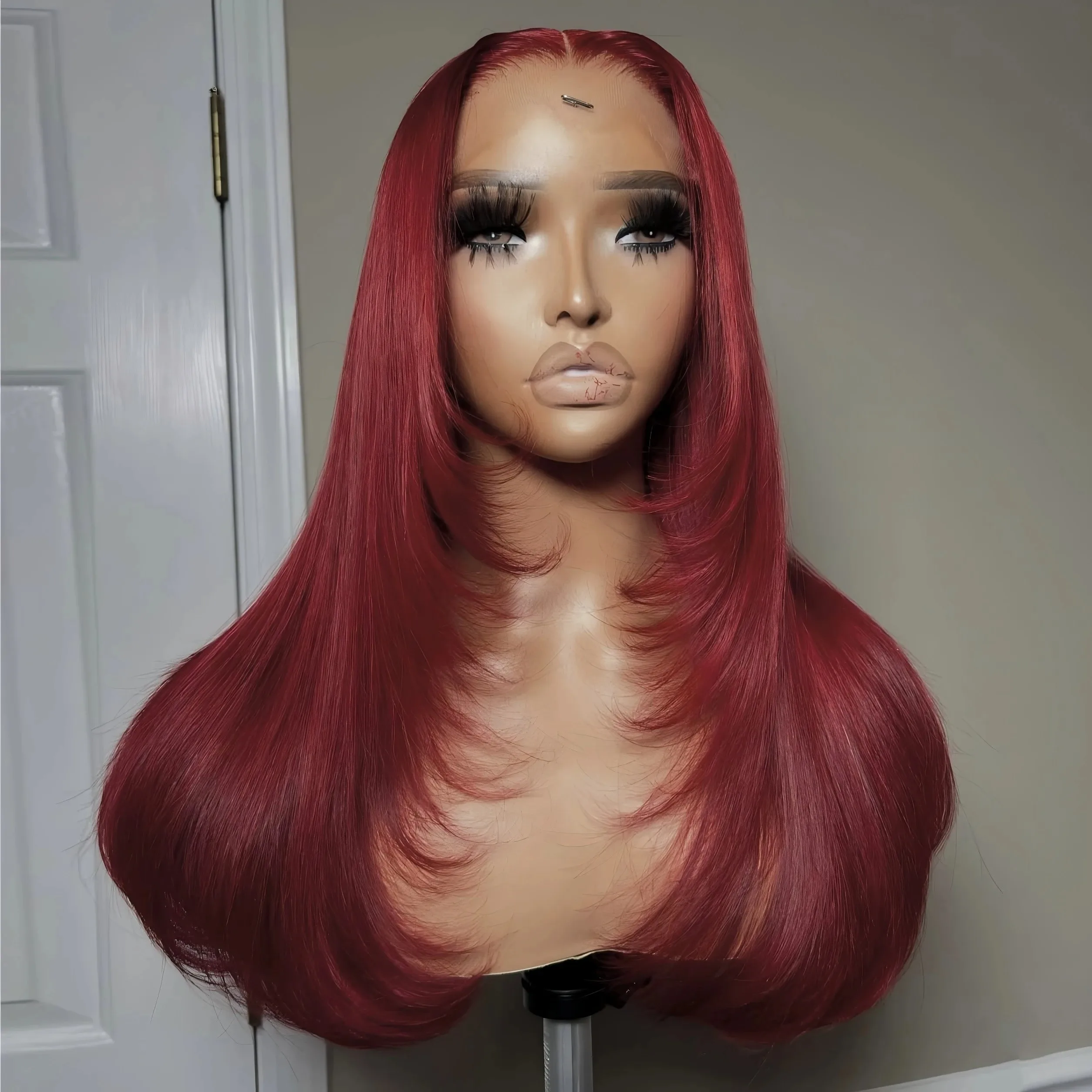 Women 13x4 HD Lace Frontal Synthetic Wig Preplucked Natural Baby Hair Burgundy Red Long Layered Heat Resistant Daily Party