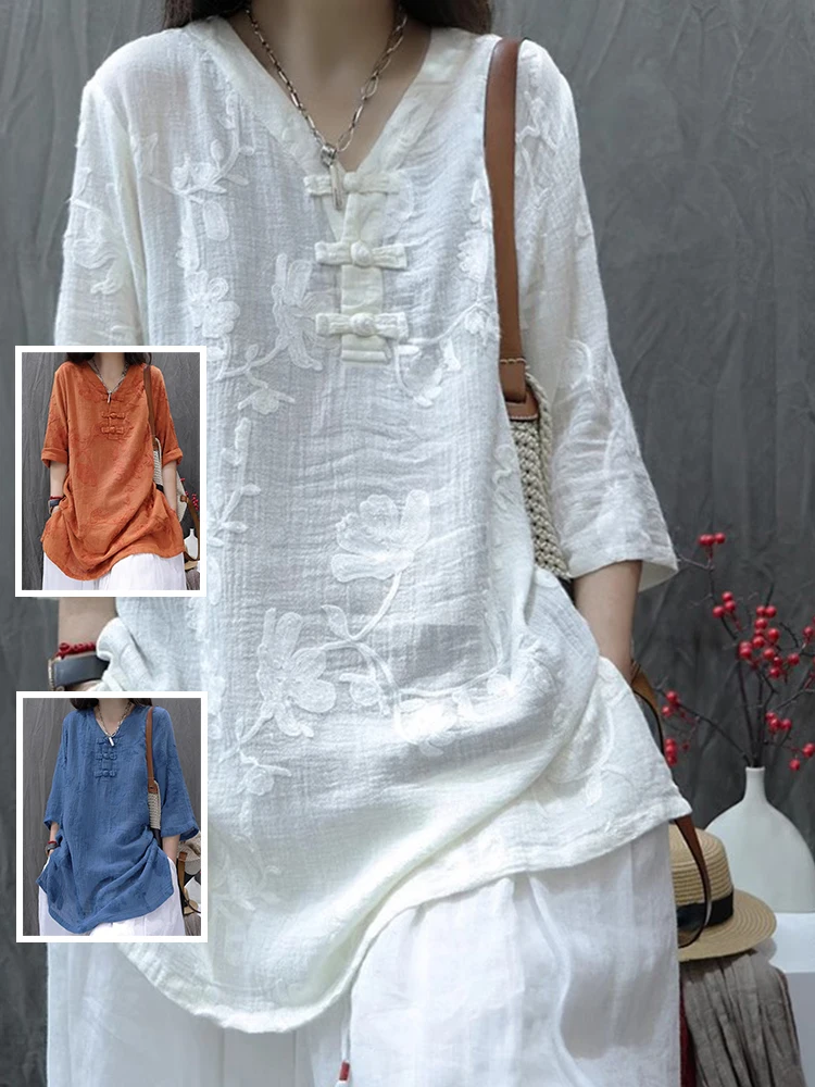 

Женский топ из хлопка и льна с вышивкой Ele, большой размер, на пуговицах, V-Ne, средней длины, с разрезом, средней длины, с высокой талией