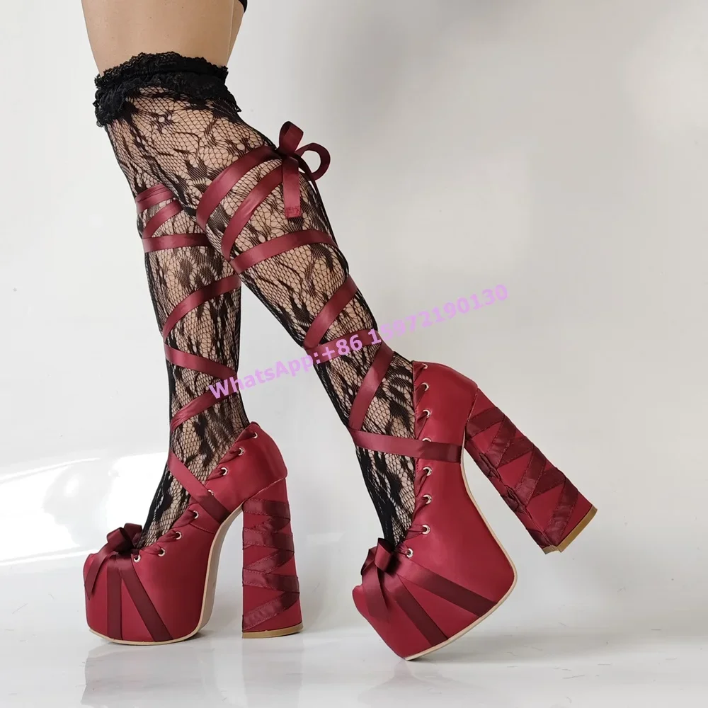 Red Satin Ribbon Platform Pumps Cross Tied Lace Up Chunky Heels Round Toe Lolita Ladies Shoes Fashion Runway Solid Sweet Shoes