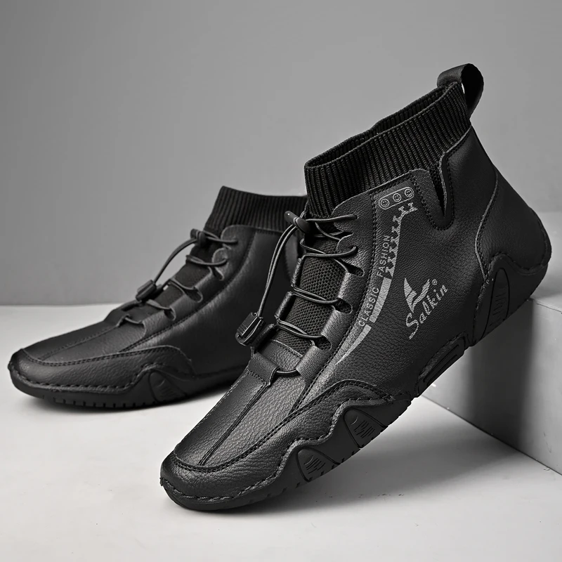 Nowe męskie buty skórzane handmade na co dzień, model 2025, sneakersy, oddychające buty skórzane męskie, botki męskie outdoor