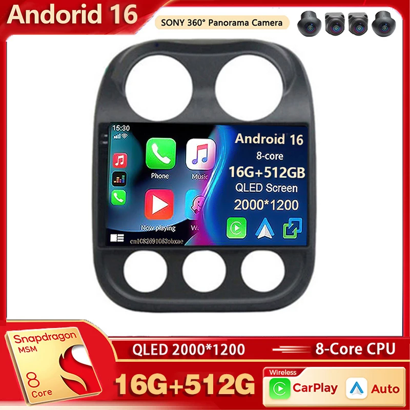 Radio Multimedia para Auto con Android 16 para Jeep Compass Patriot 2010-2016, Auto Carplay, Estéreo para Auto, DSP, wifi+4G, Voz Ai, 2 Din, BT