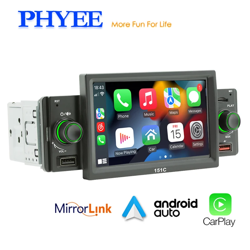 Car Radio CarPlay, 1 Din, Android-Auto, 5 Inch MP5 Player, Bluetooth, Hands Free, A2DP, USB, FM, Audio System, Head Unit 151C