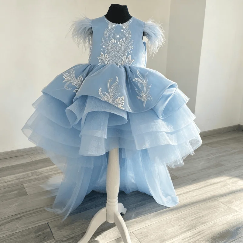 Custom Flower Girl Dress For Wedding Hand Silver Embroidery Light Blue Asymmetrical Kids Birthday Pageant Wedding Formal Outfit