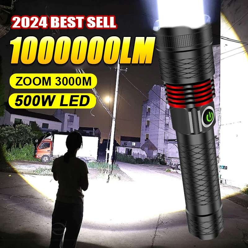 High Power Led Flashlight 1000000LM Ultra Powerful Torch Zoom 4000M Long Range Tactical Lantern 18650 Rechargeable Flashlight