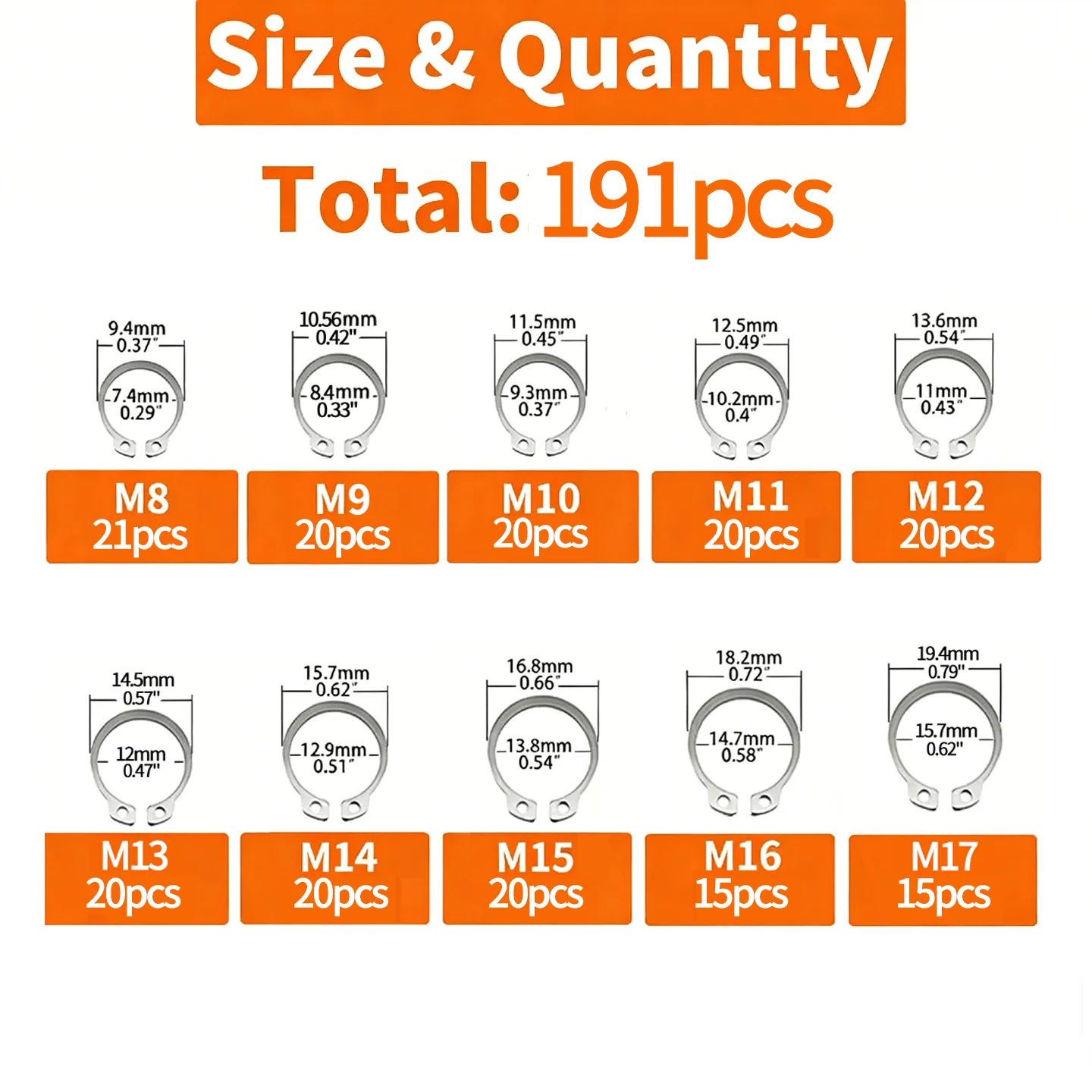 191Pcs 304 Stainless Steel External Retaining Ring Snap Circlip C Clip Assortment Kit 10 Sizes Metric Shaft Axle Hardware Set