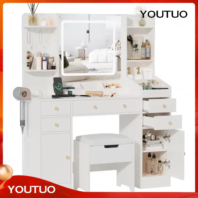 Full Mirror Full Set Glass Top Storage Shelves Vanity Table Dressing Table