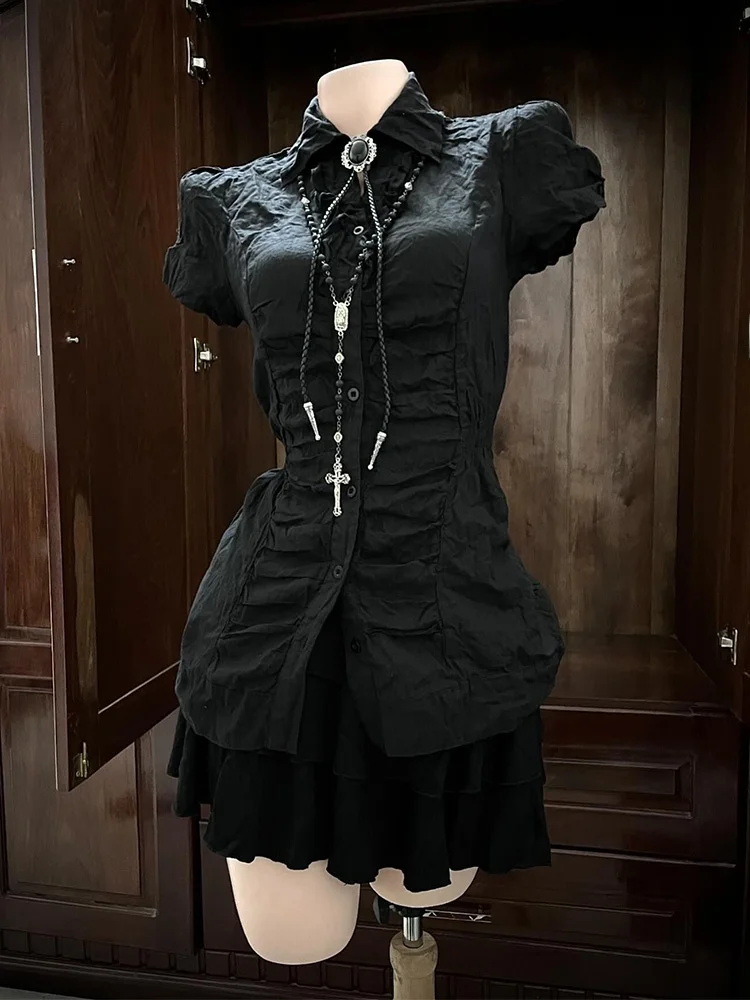 

Original Vintage Bla irt Slimming Top Waist-Cinching Design Sensation Faionable Commute Sle Polyester Fiber ort Sve