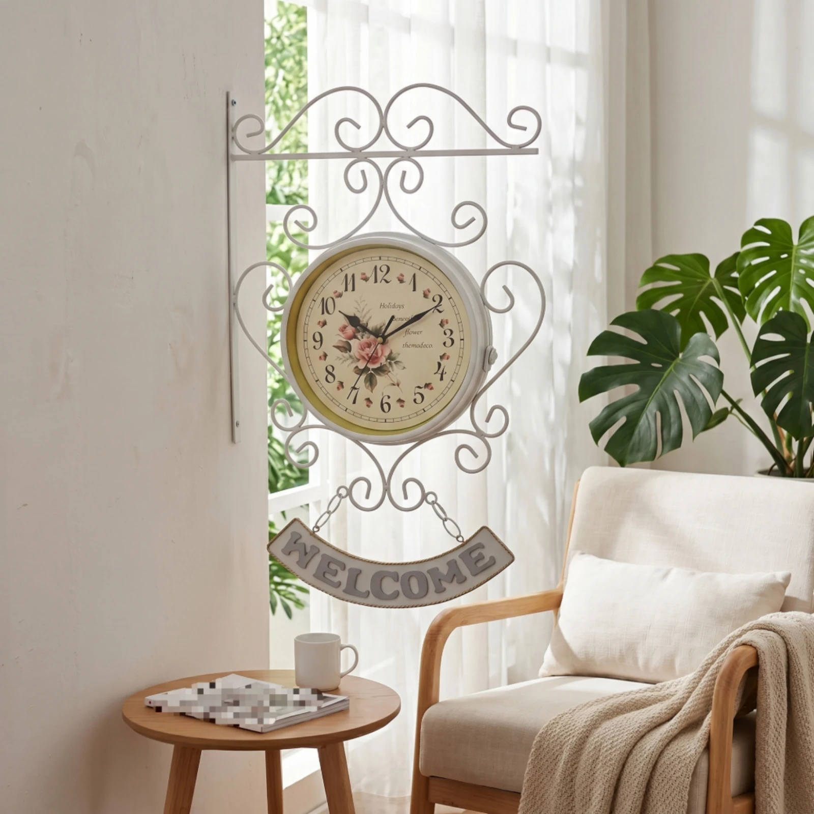Wall Clock with Wall Bracket Decorative Clock with Welcome Sign Vintage Easy to Hang for Decorators, Entryway, Living Room