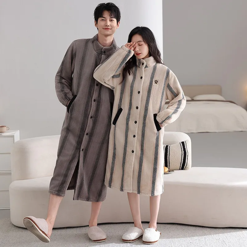 Winter Warm Sleepwear Couple Bathrobe Men Sleep Shirts Flannel Warm Robe Man Sleeping Pajamas Dressing Gown Home Wear Overcoat