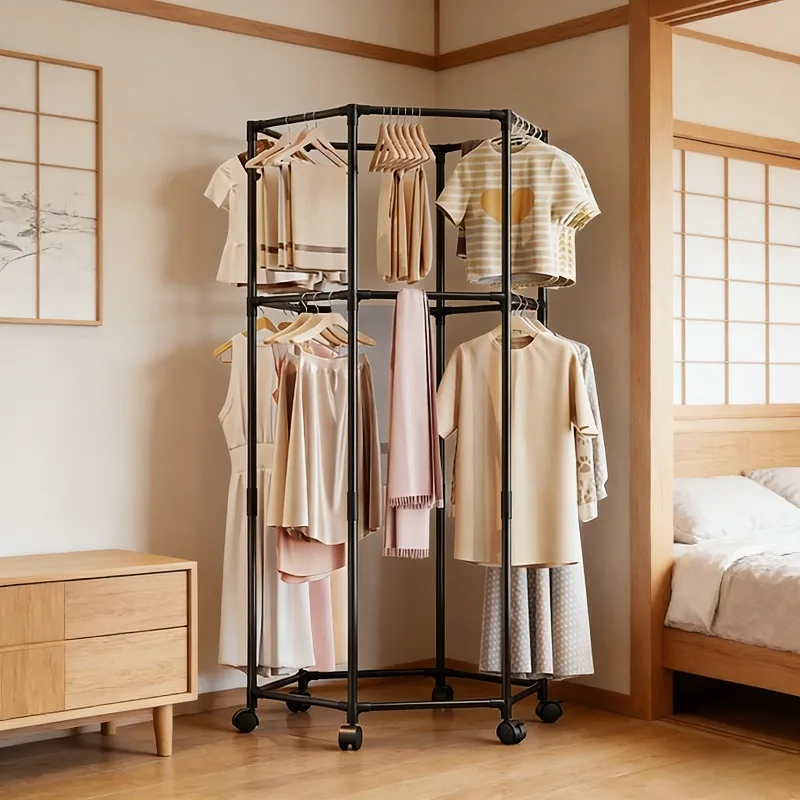 Mobile Metal Coat Rack with Wheels, Space Saving Clothes Drying Hanger Stand for Balcony Living Room Home