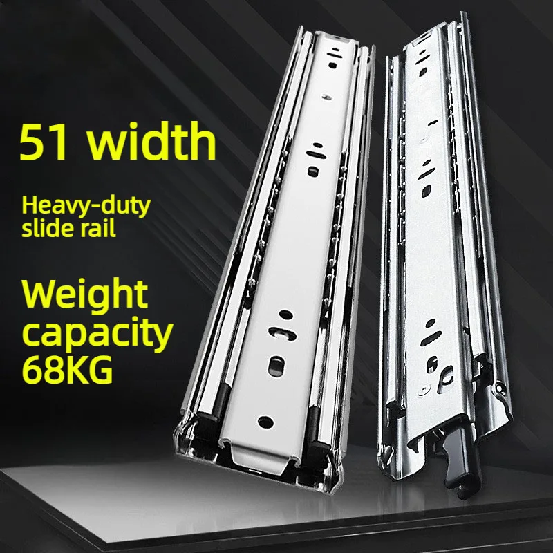 Heavy Duty Drawer Slides 1 Pair 51MM Cabinet Runners 3 Section Extension Solid Ball Slide Rail 68kg Load Capacity Guide Rail