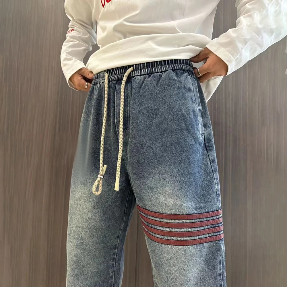 Men Plus Velvet Jeans Striped Contrast Color Casual Pants Autumn Streetwear Fashion All-Match Leggings  Male Men'S Clothing 2024