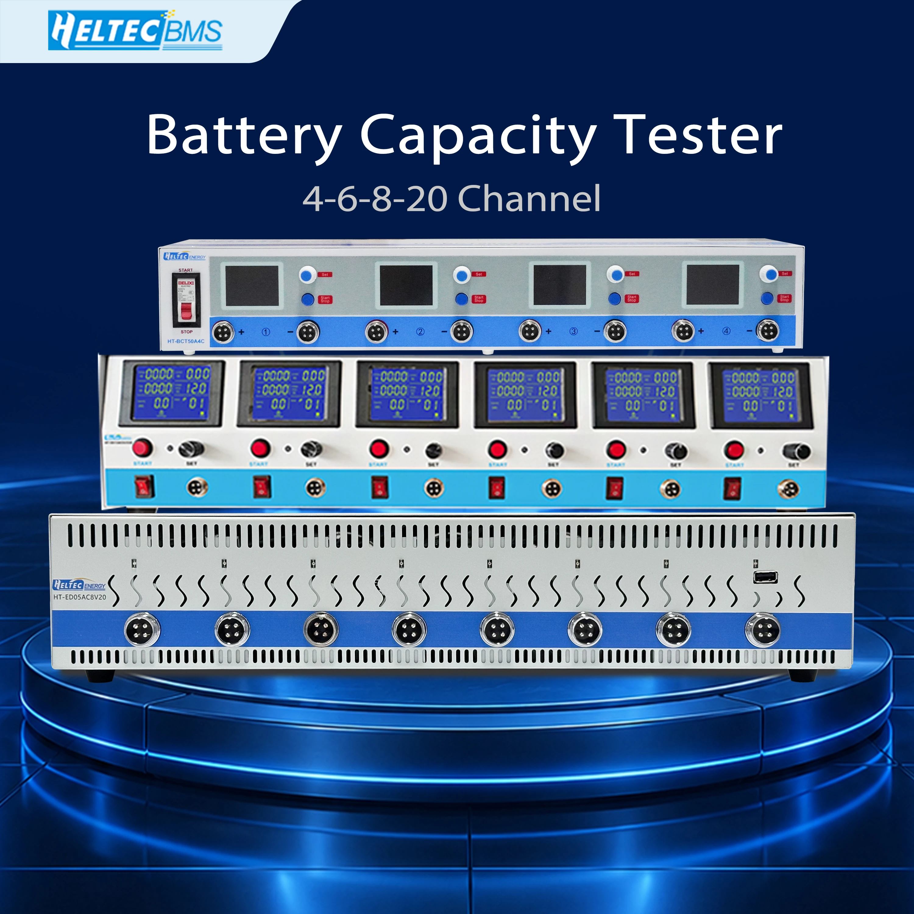 Heltec Battery Capacity Tester Series 4‑6‑8‑20 Channel Charge Discharge Equalizer 0.3‑23V 5‑50A Li‑ion LiFePO4 NiMH Lead‑acid Cell Cycler PC Software Supported