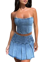 Women 2 Piece Denim Skirt Set Summer Sexy Strapless Denim Tube Top And High Waist Skirt Set Y2k E-Girls 00s Party Club Suit