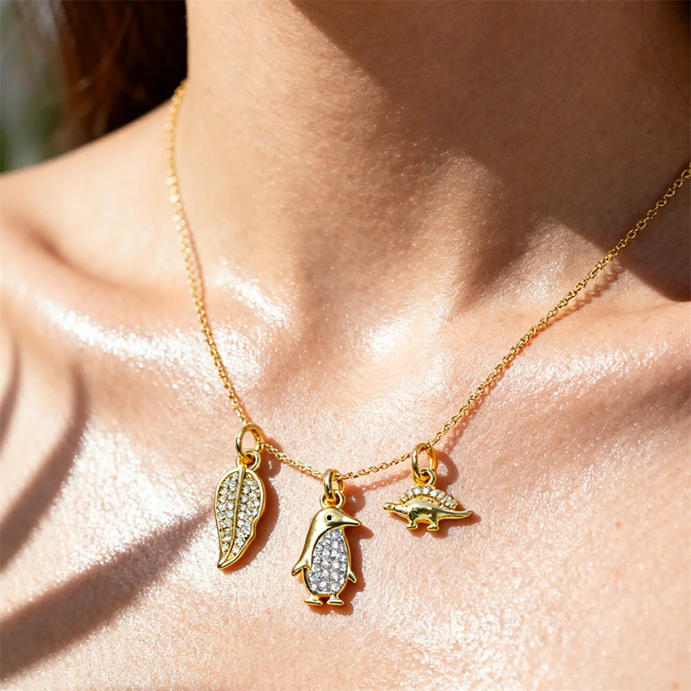 3Pcs Pendants Brass Cubic Zirconia Dinosaur Leaf Penguin Charms for DIY Jewelry Necklace Bracelet Making Fashion Accessories