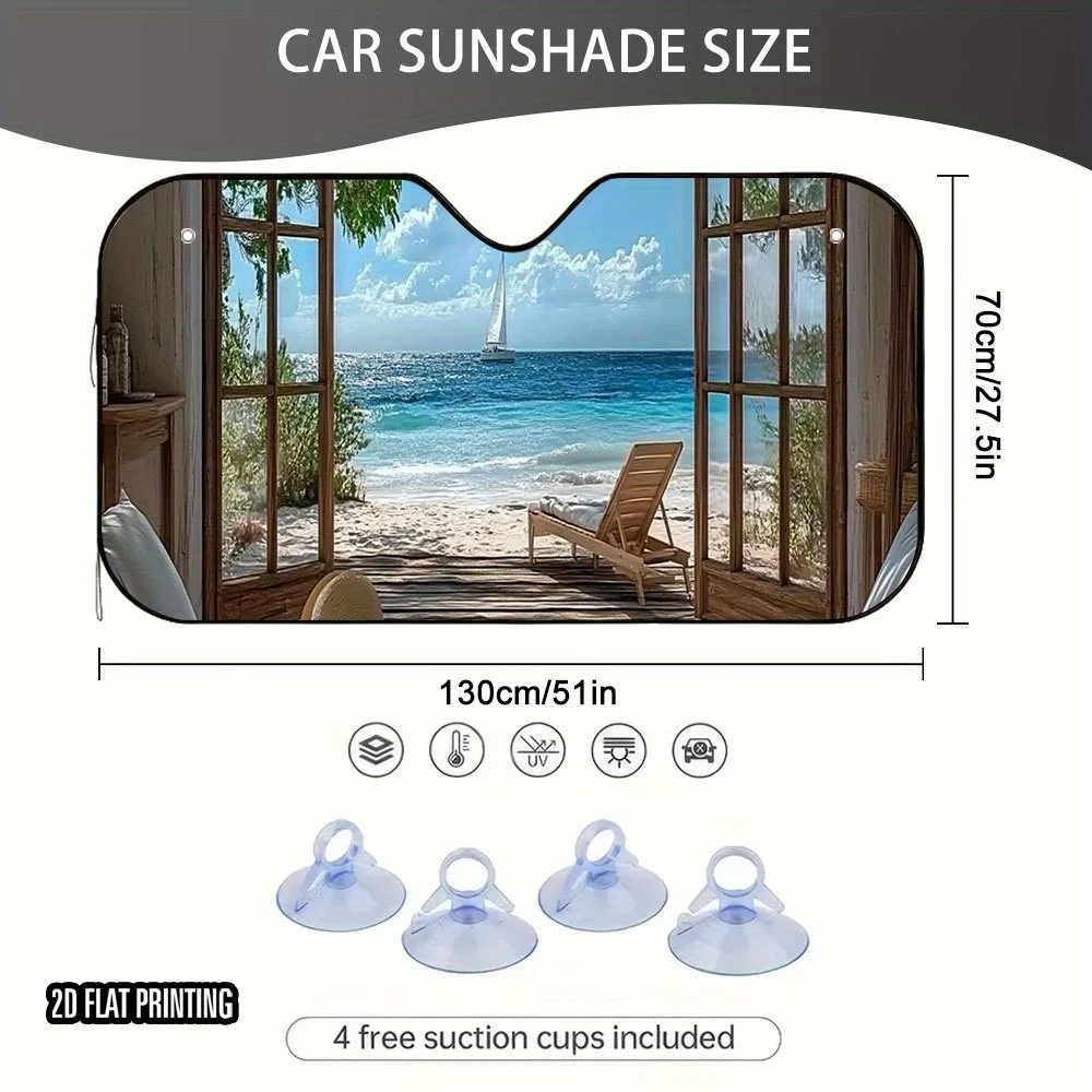 1pc 2D Flat Seaside Leisure Scenery Print Car Sunshade Stylish Design, Keeps Your Vehicle Cool, Includes 4 Suction Cups