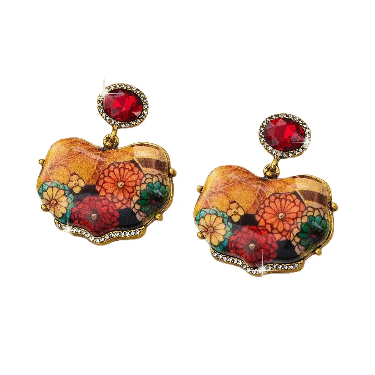 Statement Retro Printing Flower Dangle Earrings, Chinese Ethnic Style Heavy Industry Rhinestone Paved Middle-aged Stud Earrings