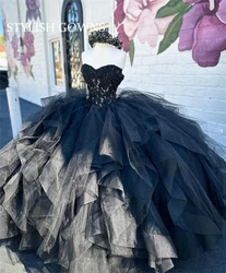 Mexico Black Sweetheart Ball Gown Quinceanera Dress Birthday Party Gowns Beaded Appliques Ruffle Prom Dresses Vestido De 15 Anos